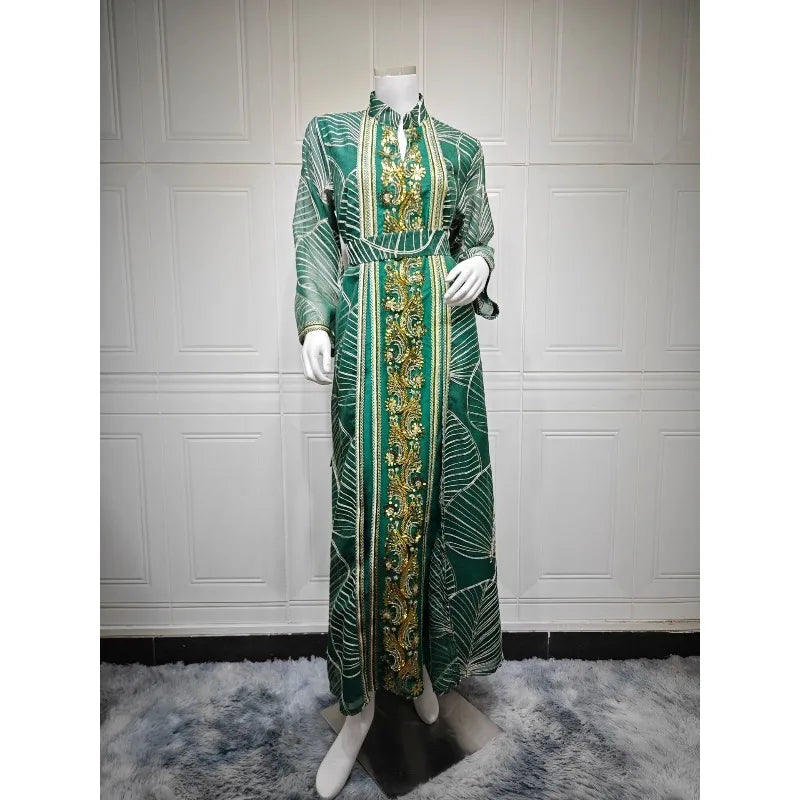 Eid Muslim Party Dress for Women Abaya with Inner Dress 2 Piece Set Jalabiya Ramadan Abayas Robe Caftan Vestidos Largos 2024