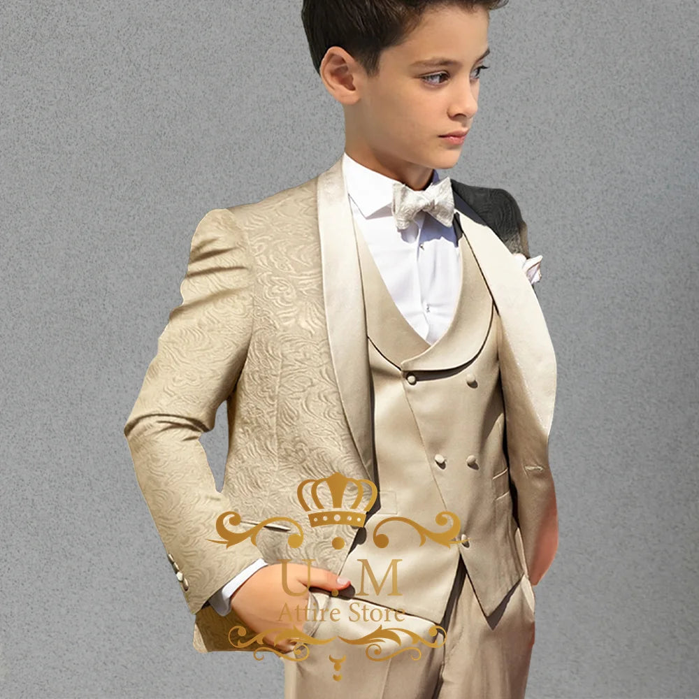 Haute Couture Boys' 3pcs Champagne Jacquard Jacket Vest Pants Slimming Set for Wedding Pageboy Xmas Birthday Party Child Gift