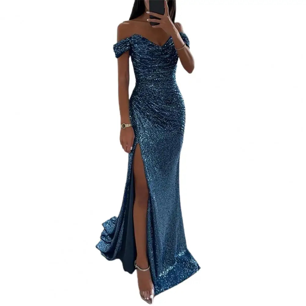Elegant Gown Dress V-Neck Off Shoulder Maxi Dress Sequin Pleated Waist Tight Evening Party Dress Sexy Split Long Dreses