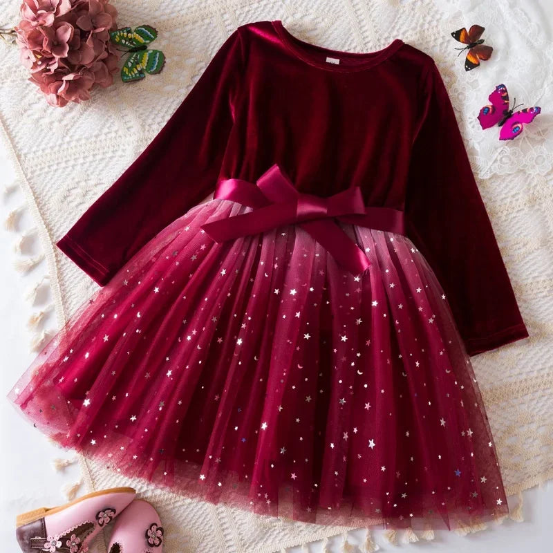 Girl Party Princess Dress Autumn Winter 3-8Y Children Christmas New Year Velvet Top Gradient Stars Mesh Bow Dress